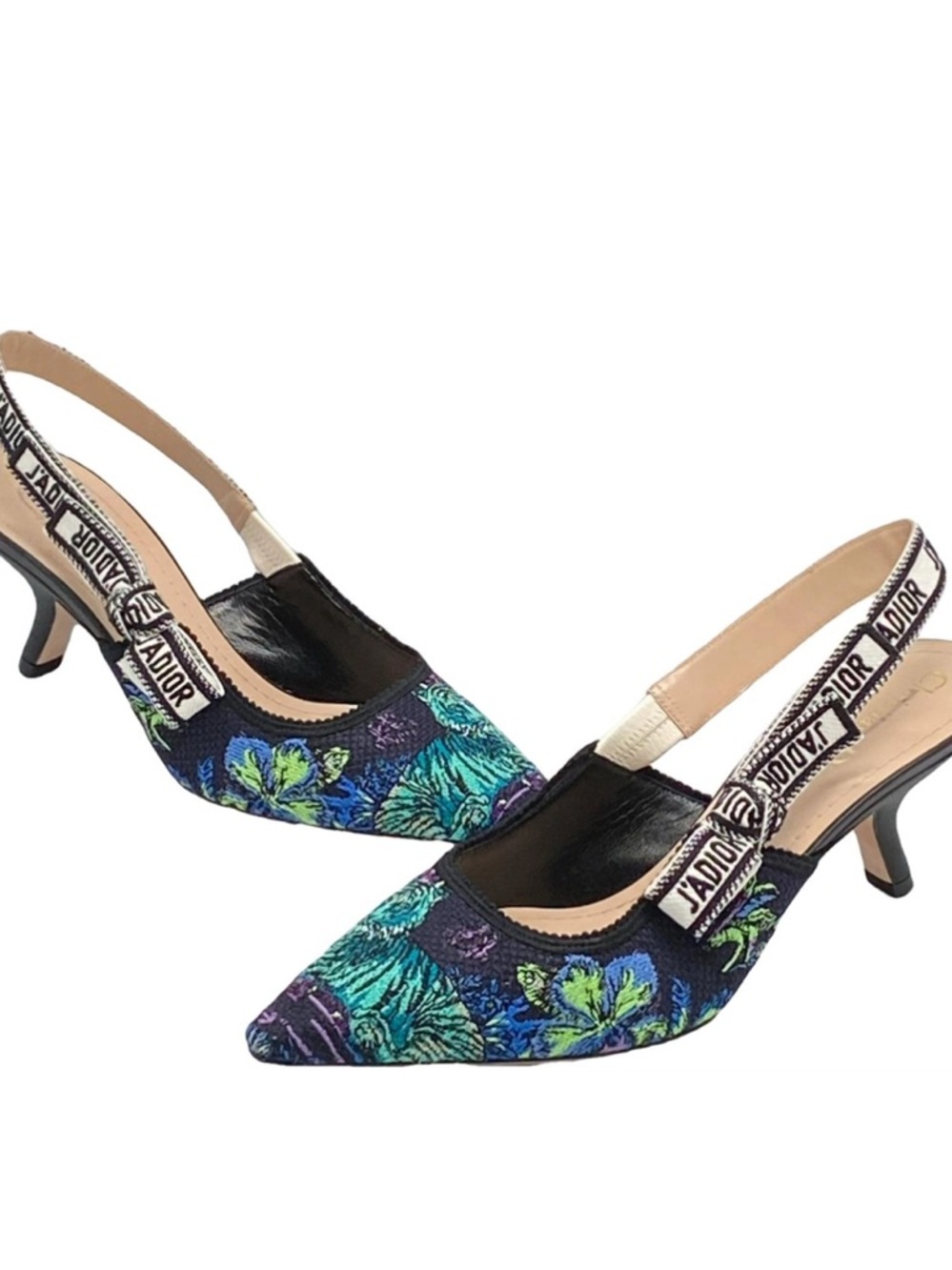 Dior J'Adior Floral Embroidered Slingback Heels - Navy, Teal, Green